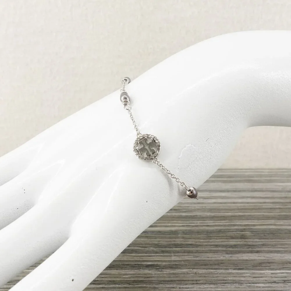 Tory Burch Miller Pave Logo Cultured Pearls Bracelet Silver OS